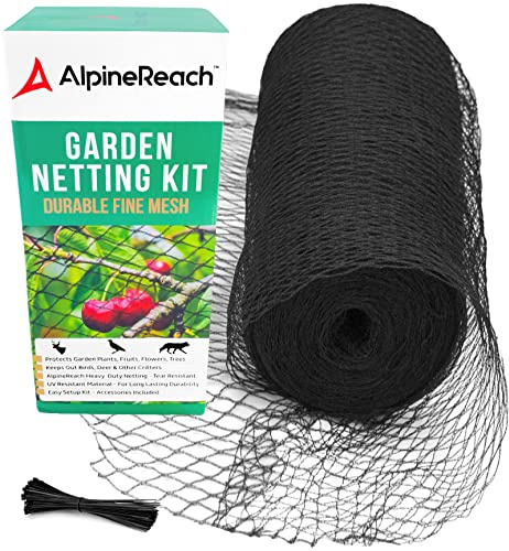 AlpineReach 2m x 20m Vogelschutznetz Gartennetz Feinmaschig (15 x 15mm) Extra Stark Gewebtes Netz, Vogelnetz, Obstbaumnetz, Katzennetz, engmaschig Laubnetz, Kabelbinder, Wiederverwendbar, Schwarz