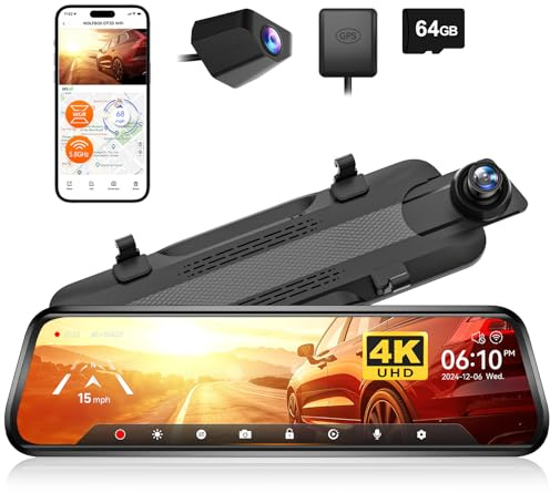 WOLFBOX G930 10'' Rückspiegel Kamera mit 5.8GHz WiFi, Inklusive 64GB Karte | 4K Dash Cam Vorne und Hinten mit WDR, Touchscreen Rückspiegel Rückfahrkamera, Parking Monitor, Reverse Assist, G-Sensor & GPS