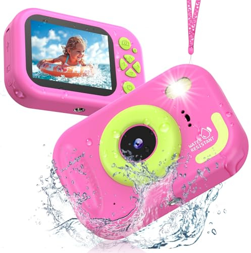 wasserdichte Kamera für Kinder, 48MP 1080P Kinderkamera Digitalkamera Unterwasser Kamera Kinder mit 2,4 Zoll Bildschirm TF-Karte Notfall-LED-Blitz, Geschenk für 3-12 Jahre Mädchen Jungen,Rosa