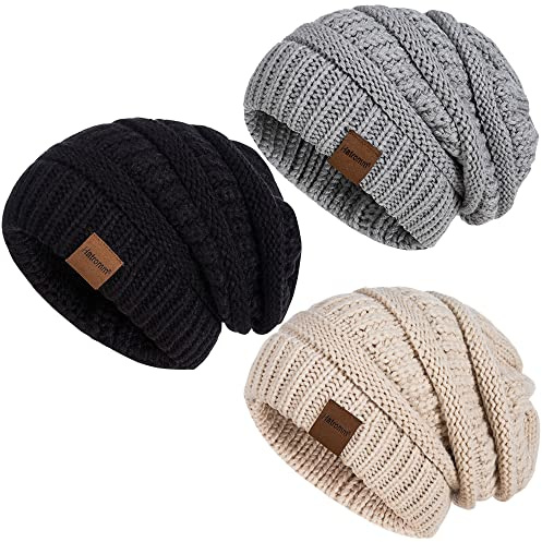Hatromm Slouchy Mütze Damen Winter 3 Stück, Beanie Mütze Damen Herren Übergroß Warmer Strick, Winter Dick für Kaltes Wetter(Schwarz+Haferflocken+Dunkelgrau)