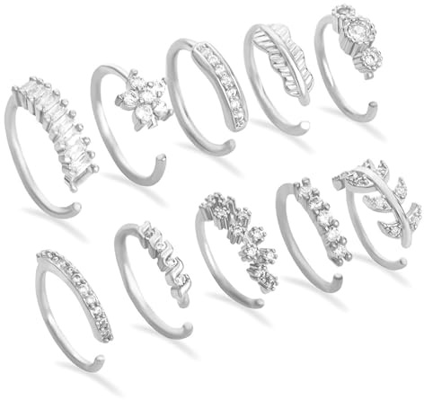 TYXHXTF 10 Stück Nasenpiercing Ring Silber Nasenpiercing Stecker Nasenpiercing Ring Nasenring Nasenpiercing Stecker Nasenstecker Nasenpiercing Set Nostril Schmuck Damen Nostril Piercing Ring Silber