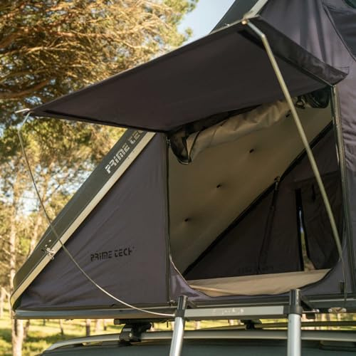 Prime Tech | Hartschalen-Autodachzelt Delta Pro 205 x 135 cm Schwarz/Anthrazit | Leichtbau 51 kg | Automatik-Öffnung & 3D-Mesh | Hardshell Dachzelt mit Ripstop-Stoff für 2 Personen