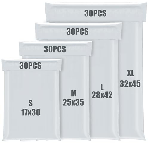 KOMABLEN 120Stk Versandtaschen 17x30, 25x35, 28x42 32x45cm | 120 Micron Selbstklebend Versandtüten für Kleidung, Weiße PE Versandbeutel, Abrasionsbeständig, Blickdicht, Wasserdicht