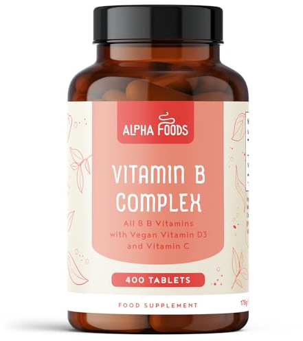 Alpha Foods Vitamin B Komplex Hochdosiert, 400 vegane Tabletten (1 Jahr + Vorrat), Alle 8 B-Vitamine B1-B2-B5-B6-B12, Biotin, Folsäure, Vitamin C & D3, Energie-Boost & Immun-Unterstützung