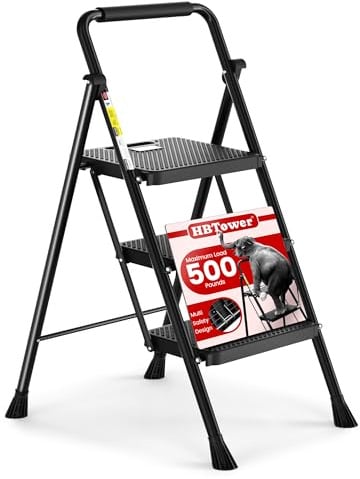 HBTower Trittleiter 3 Stufen klappbar, Leiter mit Breitem Anti-Rutsch-Pedal, Trittleiter mit Bequemer Handlauf, Tragbarer Tritthocker aus Stahl, Schwarz