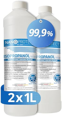 Nanoprotect 2x 1 L Isopropanol 99,9% - IPA Reinigungsalkohol & Entfetter | Hochprozentiger Isopropylalkohol für Elektronik, Glas und Haushalt - Rückstandsfreier Spezialreiniger - Made in Germany