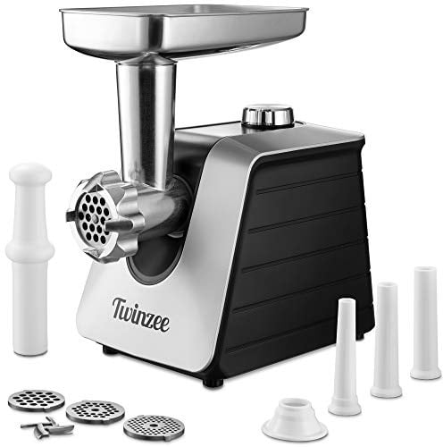 Twinzee - Elektrischer Fleischwolf 1500W - Schwarz - Mit Wurstfüller | Für Fleisch und Wurst · 3 Lochscheiben · 3 Wurstaufsätze · Rücklauffunktion · Hitzeschutz · Einfache Reinigung · Metallteile