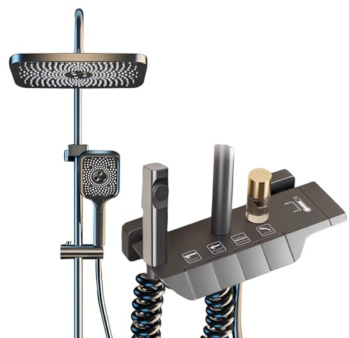 WRMING Regendusche mit Armatur Komplettset, Edelstahl Duschsystem Grau, 30x20cm Eckige Kopfbrause, Duschgarnitur set mit Verstellbarer Handbrause, 3 Strahlarten, Einfache Montage, Wassersparend