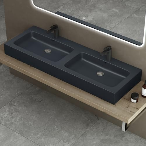 doporro Doppelwaschbecken Waschbecken BTH: 140x48x13 cm Partner-Waschbecken aus Gussmarmor Anthrazit (Matt) Colossum830