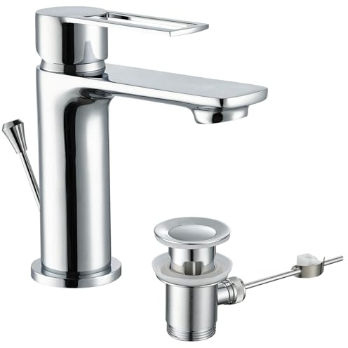 Wasserhahn Bad mit Zugstange, Einhebel-Waschtischarmatur mit Ablaufgarnitur, Chrom Einhandmischer Waschbecken Armatur Badarmatur Mischbatterie Waschtischmischer für Badezimmer