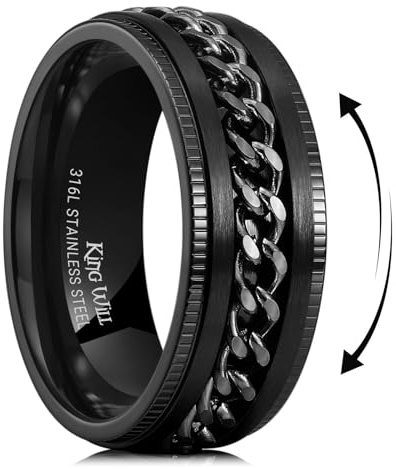 King Will Intertwine 8 mm Spinnerring für Männer, Edelstahlring für Männer, Zappelring, Angstring mit schwarzem Kettenring, Größe 54–70 (17–22)