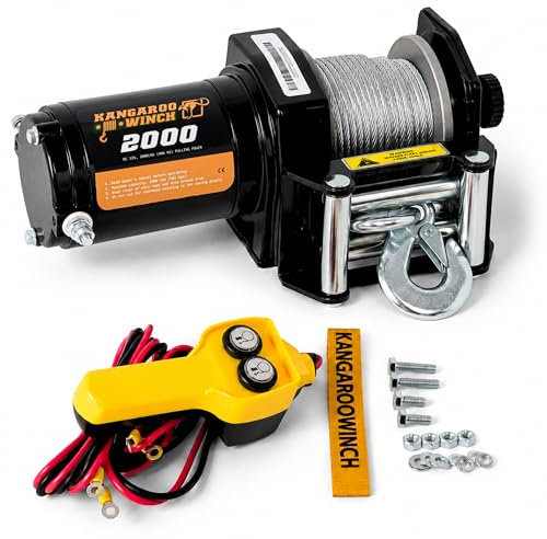 KANGAROO WINCH Elektrische Seilwinde 12V - 2000 LBS / 906 kg Zugkraft - Ideal für ATV, Quad und Offroad Einsätze - Robuste Konstruktion - Inklusive Stahlseil und Praktischer Kabelfernbedienung (K2000)
