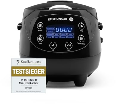 REISHUNGER Digitaler Reiskocher klein – 0,6 L bis 3 Personen – Schwarz | Warmhaltefunktion, Timer & Premium Topf – Kleiner Multikocher & Dampfgarer – 8 Programme, 7-Phasen-Technologie