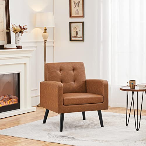 Yaheetech Relaxsessel mit Holzbeinen Ruhesessel, Rustikal-Braun | Ohrensessel aus Kunstleder, Pflegeleichter Polstersessel, Einzelsofa bis 136 kg Belastbar fürs Wohnzimmer/Schlafzimmer