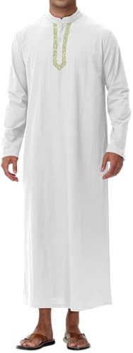 NANAMEEI Thobe Herren Baumwolle Leinen Kaftan Männer mit Stehkragen Knopfleiste und Taschen Langarm Islamische Kleidung Herren Weiß XL