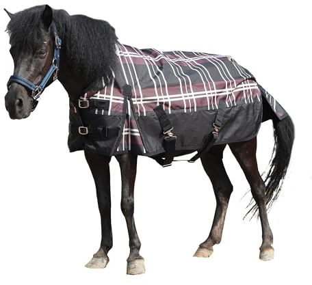 Gallopoff 600D Regendecke für Shetty & Fohlen, Wasserdicht, Winddicht, Atmungsaktiv, Reißfest, Ohne Füllung (0 g) Ponydecke Rot kariert 85 cm