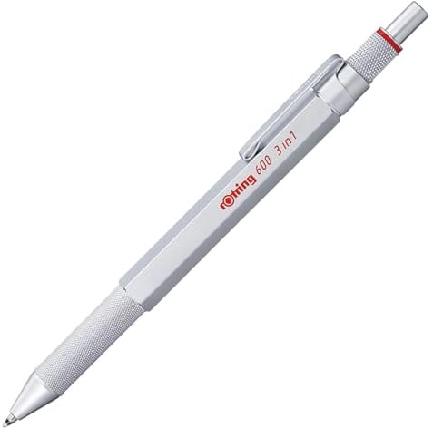 rOtring 600 3-in-1-Schreibgerät mit Kugelschreiber und Druckbleistift | Kugelschreiber mit 2 feinen Spitzen (schwarze und rote Tinte) | 1 Druckbleistift mit Spitze (0,5-mm-Mine) | Silber