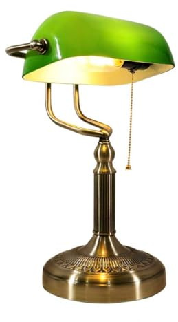 Fynokst Grüne Banker-Tischlampe aus Glas – Klassische Retro-Tischlampe mit Stecker und Bronzesockel, Zugkettenschalter, geeignet für Büro, Bibliothek, Arbeitszimmer, Homeoffice, Schlafzimmer