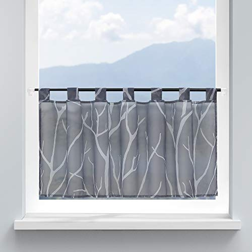 HongYa Scheibengardine Küchengardine Voile Bistrogardine transparent mit Schlaufen für kleines Fenster Zweige HxB 45x90cm Grau