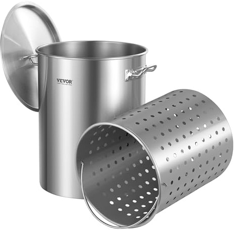 VEVOR Suppentopf Edelstahl 34 L Kochtöpfe Großraumtopf, Kochgeschirr-Saucentopf mit Korb & Deckel & Griff, Suppentopf in Handelsqualität, Schleifbehandlung, zum Dämpfen, Kochen oder Braten, Silber