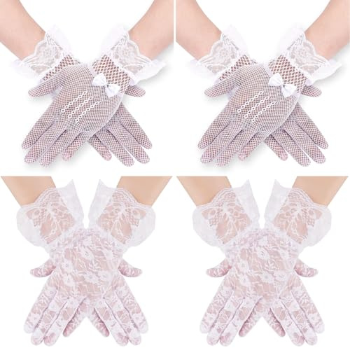 Asaisimg 4 Paar Damen Spitzenhandschuhe, Elegante Tea Party Kurze Handschuhe, Mesh Höflichkeit Vintage Floral Braut für Hochzeit Abendessen Halloween Cocktail Kostüm 1950's Parties