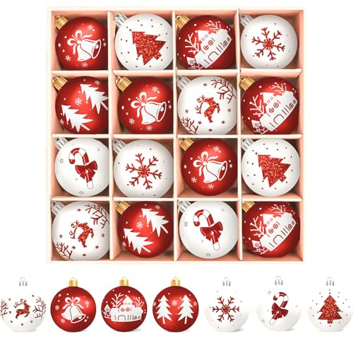 Arbolisse Weihnachtskugeln Kunststoff Christbaumschmuck,16PC Christbaumkugeln Weihnachtsbaumschmuck Deko Weihnachten, Rot Weiß Weihnachtsdeko, Weihnachtsbaum Kugeln mit Schlüsselband