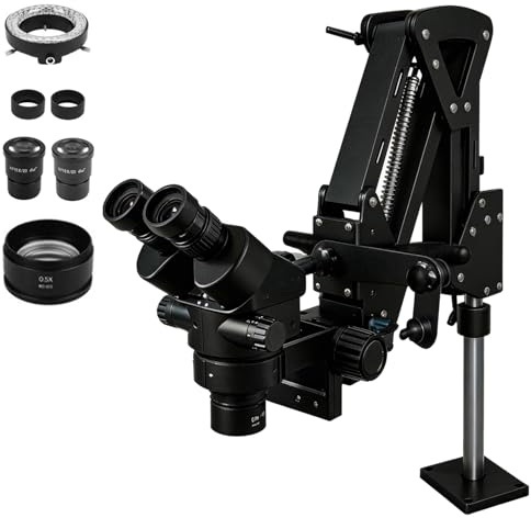 GEMKIT Stereomikroskop 7X–45X mit Schwenkarm, LED-Beleuchtung, binokularer Zoom für Elektronik- und PCB-Reparatur, Löten, Feinmechanik, Schmuckgravur, Inspektion und Werkstatt.