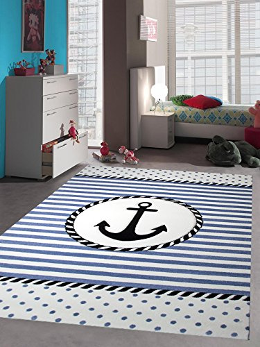 Kinderteppich Maritim Kinderzimmerteppich Jungen Teppich mit Anker in Blau Creme Größe 160x230 cm