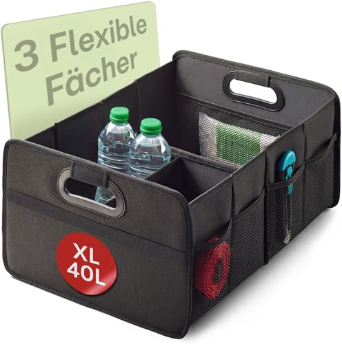 Praknu Kofferraum Organizer XL Faltbar – Kofferraumtasche – Auto Zubehör | Rutschfest & wasserabweisend aus Oxford-Gewebe, 3 flexible Fächer mit 5 Taschen, hält Einkäufe an ihrem Platz