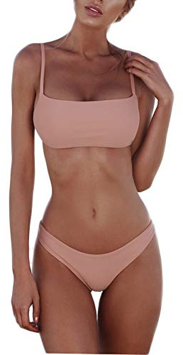 meioro Bikini Sets für Damen Push Up Tanga mit niedriger Taille Badeanzug Bikini Set Badebekleidung Beachwear (M,Rosa)