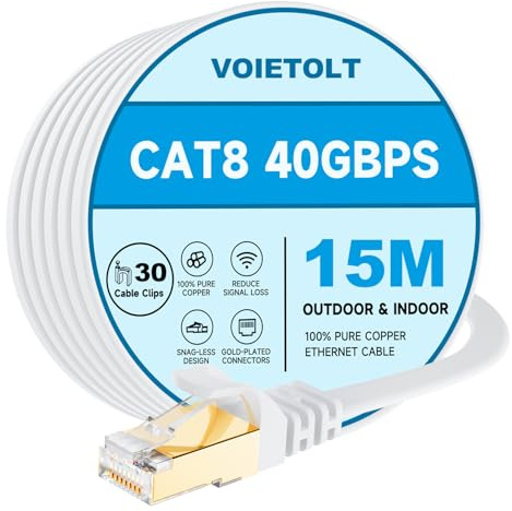 VOIETOLT Cat8 Lan Kabel 15M mit Clips, 40Gbps/2000MHz Flach Schirmung Hochgeschwindigkeit Netzwerkkabel, STP RJ45 Gigabit Cat-8 Ethernet Kabel für PS4/5, für Modem, für Router (weiß)