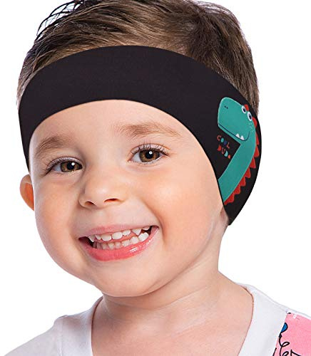 MoKo Schwimmen Stirnband, Neopren Schwimmband Ohrenband Wasserdichtes Kopfband Haarband mit Hohe Elastizität und Klettverschluss Ohrenschutz Band für Kinder, M - 1 Pack, Schwarz&Dinosaurier