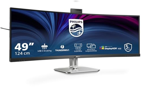 PHILIPS 49B2U6903CH - 49 Zoll DQHD Curved Monitor, Webcam, Mikrofon, RJ45, höhenverstellbar (5120x1440, HDMI, DisplayPort, Thunderbolt 4, USB Hub) schwarz