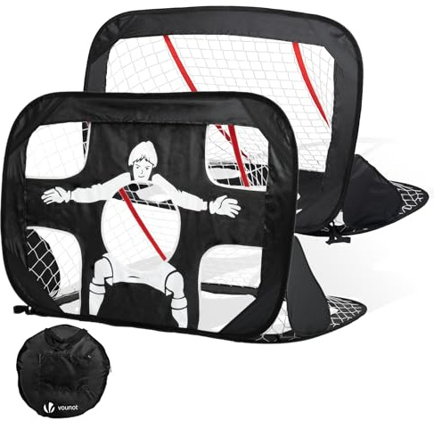 VOUNOT Pop Up Fußballtor 2er Set 120×80 cm, Kinder Fußballtore mit 2-in-1 Torwand & Netz, Tragbares Klappbares Fußballtor für Garten, Draußen & Training
