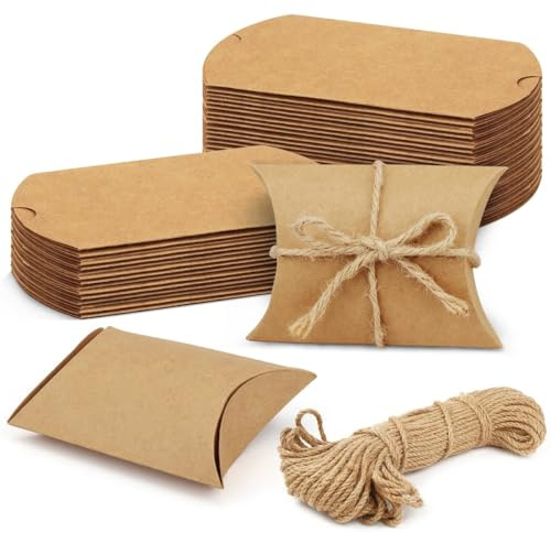Rairsky 100 Stück Klein Geschenkschachtel Kraftpapier für Hochzeit, Party | Tüten Geschenkbox 6 x 9 cm Vintage Kissen Geschenkbox mit Schnur, Kissenschachtel Kraftpapier Braunes