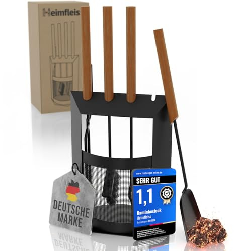Heimfleiss® Kaminbesteck Schwarz Modern - Schürhaken, Kehrset & Holzzange | Kaminzubehör mit Ständer: Schürhaken, Bürste & Schaufel | kratzfreie Silikonbasis | Kamingarnitur für Kaminofen & Ofen
