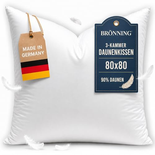 Brönning Premium Daunenkissen 80x80 Made in Germany – Luxuriös weiches 3-Kammer Kopfkissen mit 90% Daunen – Hotelkomfort für erholsamen Schlaf – OEKO-TEX & Downpass zertifiziert