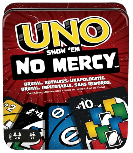 Mattel Games UNO No Mercy Kartenspiel in Einer Aufbewahrungsdose zum Mitnehmen für Kinder, Erwachsene und Familienabende mit zusätzlichen Karten, Sonderregeln und härteren Strafen, HXT57