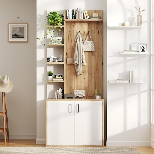 Merax Garderoben-Set Wandgarderobe, Flurgarderoben Set mit Schuhschrank, Offene Regale, 4 Kleiderhaken, Stylishe Kompaktgarderobe Flurschrank, Dielengarderobe für Eingangsbereich, Holzfarbe & Weiß