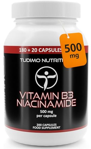 Vitamin B3 Hochdosiert Flushfree Kapseln 500mg - 200 Stück (6+ Monatsvorrat) an Vit B3 Niacinamid (Nicotinamid) Tabletten Ohne Flush, mit je 500 mg Nicotinamide (Niacinamide) Pulver