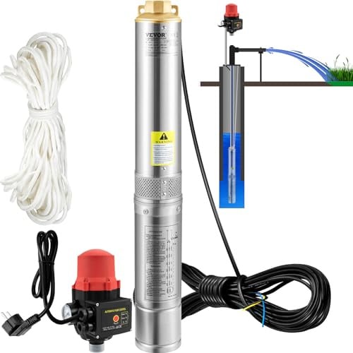 VEVOR 3, 5 Tiefbrunnenpumpe 750W Brunnenpumpe 105L/min Tauchpumpe max. Förderhöhe 62m Rohrpumpe 230V 50Hz Sandpumpe IP68 Wasserpumpe 11 Laufradstufen Pumpe Ideal zur Bewässerung, Silber