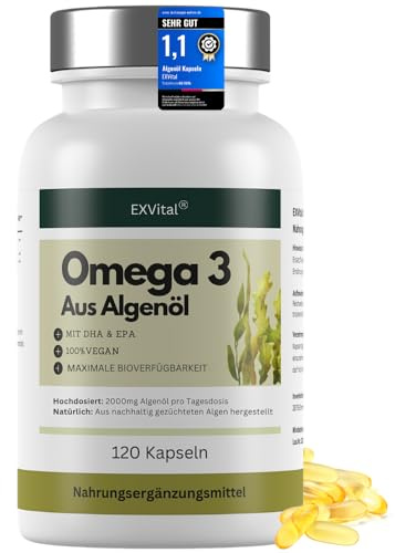EXVital® Omega 3 aus Algenöl, vegan, 120 Softgel Kapseln, 2000mg Algenöl mit 600 DHA & 300mg EPA pro Tag, aus nachhaltigen Algen gewonnen, hochdosiert & laborgeprüft