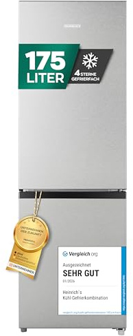 Heinrich´s Kühlgefrierkombination 175Liter, XXL, kühlschrank mit gefrierfach, Kühlvolumen 122L, Gefrierfach 53L, leise 39dB,große Tiefkühlboxen, 7 Temperaturstufen (Energieklasse E, Inox)