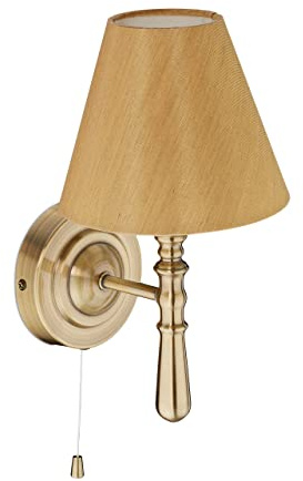 Relaxdays Wandlampe mit Schirm, innen, Zugschalter, messing | Flur & Wohnzimmer, E14, Stoff, Metall, HxBxT: 28x16x19 cm