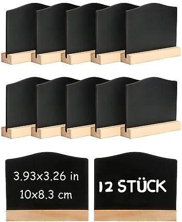 DONQL 12 Stück Mini Kreidetafel mit Ständer, Mini Tafel Set | Kleine Tafel Holzschilder zum Beschriften, Tischkarten Preisschilder Platzkarten Kreidetafel Aufsteller für Hochzeit usw