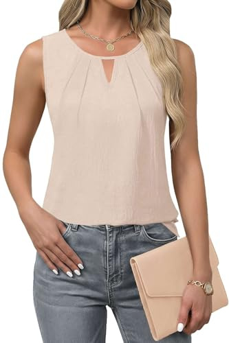 Teesho Damen Tank Top Sommer Bluse Ärmellos Vorne Falten Hemdbluse Chiffon Tops(Beige/XXL)