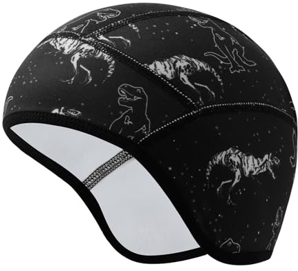 Risipu Kinder Helmmütze Warme Wintermütze Futter für Fahrradhelm Ski Skull Cap mit Ohrenschutz Elastische Mütze für Jungen Mädchen (DE/NL/SE/PL, Alphanumerisch, Einheitsgröße, Schwarz - Dinosaurier)