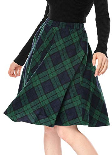 Allegra K Damen Karo Rock Festlich A-Linie Hohe Taille Kammgarn Kariert Midirock