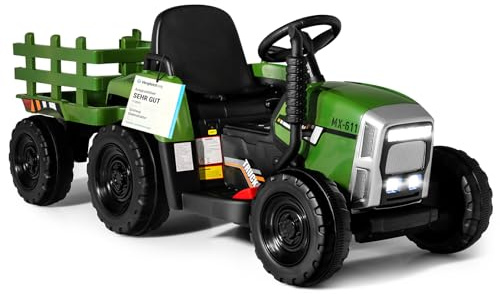 COSTWAY 12V 3-Gang Traktor, Kinder Aufsitztraktor mit abnehmbarem Anhänger | Elektro Traktor mit 2,4G Fernbedienung LED Lichtern, Musik, Hupe & USB Funktionen, geeignet für Kinder ab 3 Jahren,Dunkelgrün