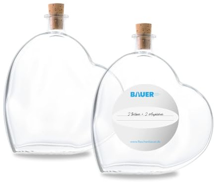 Flaschenbauer - 2x Glasflasche Herz 500 ml - Glasflaschen mit Korken - Herzflaschen aus Glas zum Befüllen, Geschenkidee für Hochzeit, Valentinstag & Geburtstag, Deko Flaschen - inkl. Etikett